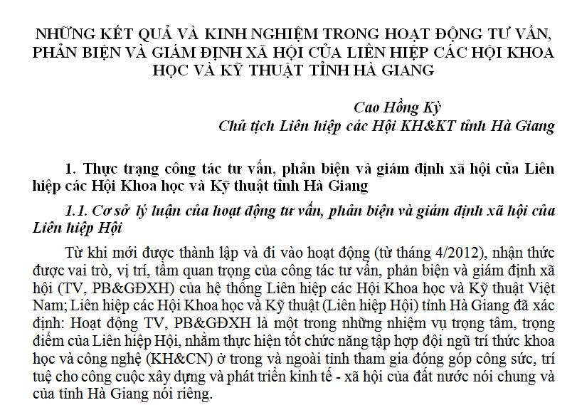 NHỮNG KẾT QUẢ VÀ KINH NGHIỆM TRONG HOẠT ĐỘNG TƯ VẤN, PHẢN BIỆN VÀ GIÁM ĐỊNH XÃ HỘI CỦA LIÊN HIỆP CÁC HỘI KHOA HỌC VÀ KỸ THUẬT TỈNH HÀ GIANG
