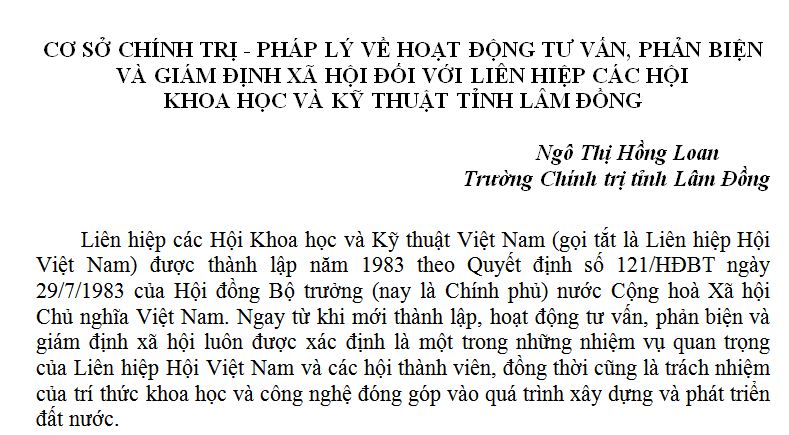 CƠ SỞ CHÍNH TRỊ - PHÁP LÝ VỀ HOẠT ĐỘNG TƯ VẤN, PHẢN BIỆN VÀ GIÁM ĐỊNH XÃ HỘI ĐỐI VỚI LIÊN HIỆP CÁC HỘI  KHOA HỌC VÀ KỸ THUẬT TỈNH LÂM ĐỒNG