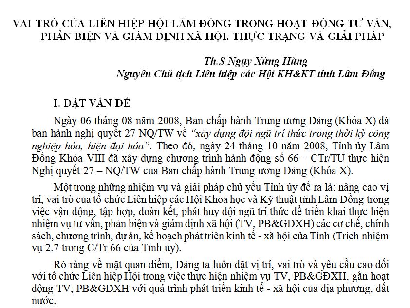 VAI TRÒ CỦA LIÊN HIỆP HỘI LÂM ĐỒNG TRONG HOẠT ĐỘNG TƯ VẤN, PHẢN BIỆN VÀ GIÁM ĐỊNH XÃ HỘI. THỰC TRẠNG VÀ GIẢI PHÁP