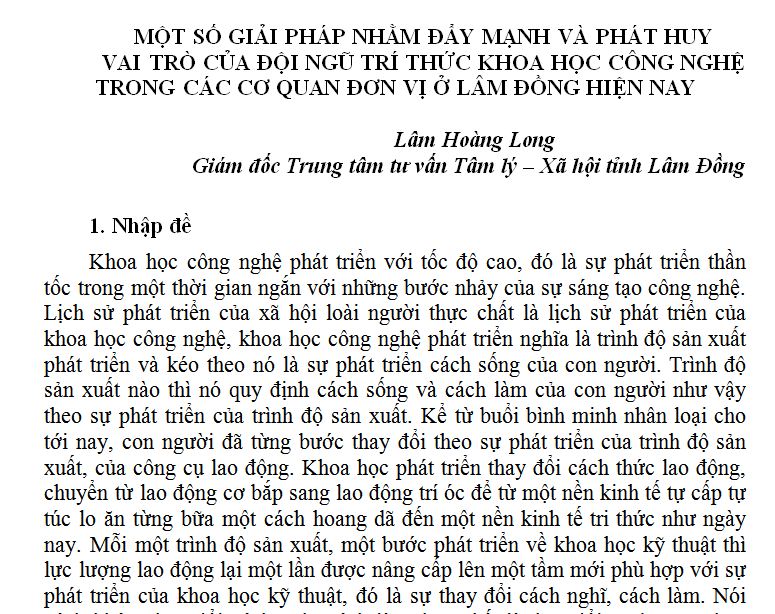MỘT SỐ GIẢI PHÁP NHẰM ĐẨY MẠNH VÀ PHÁT HUY  VAI TRÒ CỦA ĐỘI NGŨ TRÍ THỨC KHOA HỌC CÔNG NGHỆ TRONG CÁC CƠ QUAN ĐƠN VỊ Ở LÂM ĐỒNG HIỆN NAY