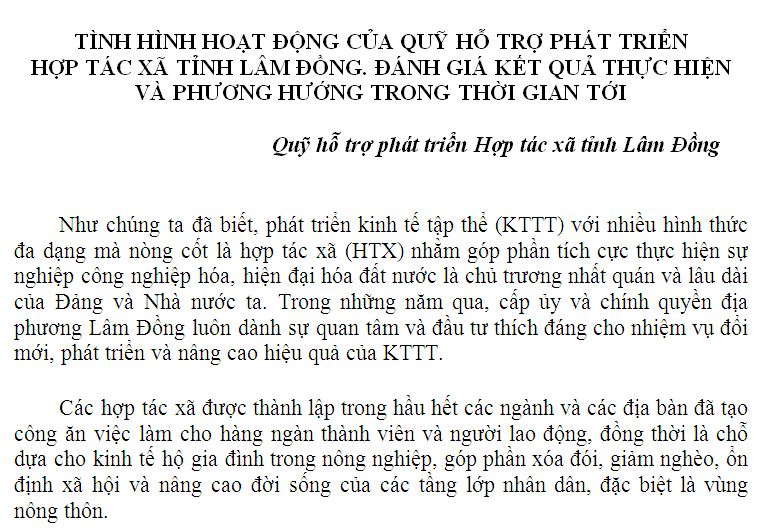 TÌNH HÌNH HOẠT ĐỘNG CỦA QUỸ HỖ TRỢ PHÁT TRIỂN HỢP TÁC XÃ TỈNH LÂM ĐỒNG. ĐÁNH GIÁ KẾT QUẢ THỰC HIỆN VÀ PHƯƠNG HƯỚNG TRONG THỜI GIAN TỚI