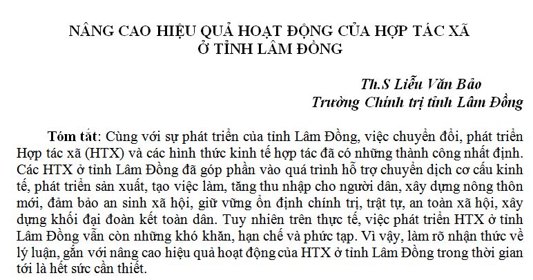 NÂNG CAO HIỆU QUẢ HOẠT ĐỘNG CỦA HỢP TÁC XÃ Ở TỈNH LÂM ĐỒNG
