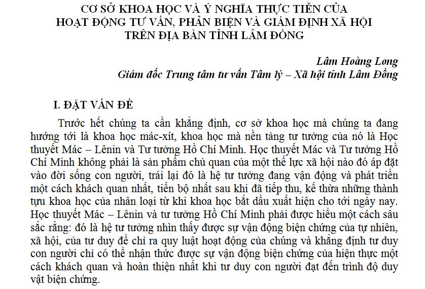 CƠ SỞ KHOA HỌC VÀ Ý NGHĨA THỰC TIỄN CỦA HOẠT ĐỘNG TƯ VẤN, PHẢN BIỆN VÀ GIÁM ĐỊNH XÃ HỘI TRÊN ĐỊA BÀN TỈNH LÂM ĐỒNG