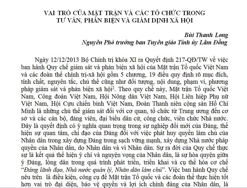 VAI TRÒ CỦA MẶT TRẬN VÀ CÁC TỔ CHỨC TRONG TƯ VẤN, PHẢN BIỆN VÀ GIÁM ĐỊNH XÃ HỘI