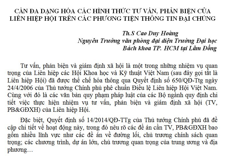 CẦN ĐA DẠNG HÓA CÁC HÌNH THỨC TƯ VẤN, PHẢN BIỆN CỦA LIÊN HIỆP HỘI TRÊN CÁC PHƯƠNG TIỆN THÔNG TIN ĐẠI CHÚNG