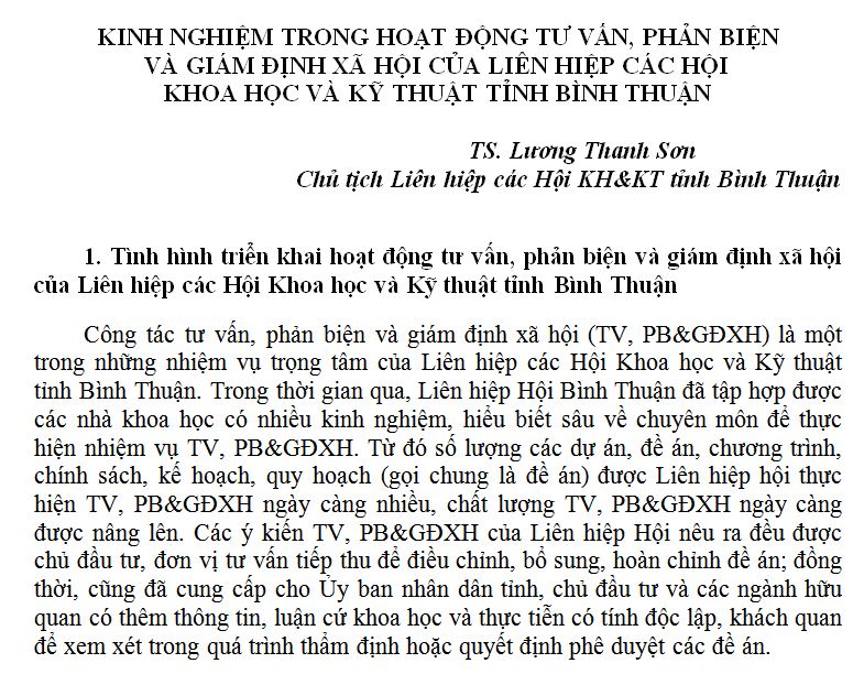 KINH NGHIỆM TRONG HOẠT ĐỘNG TƯ VẤN, PHẢN BIỆN VÀ GIÁM ĐỊNH XÃ HỘI CỦA LIÊN HIỆP CÁC HỘI KHOA HỌC VÀ KỸ THUẬT TỈNH BÌNH THUẬN