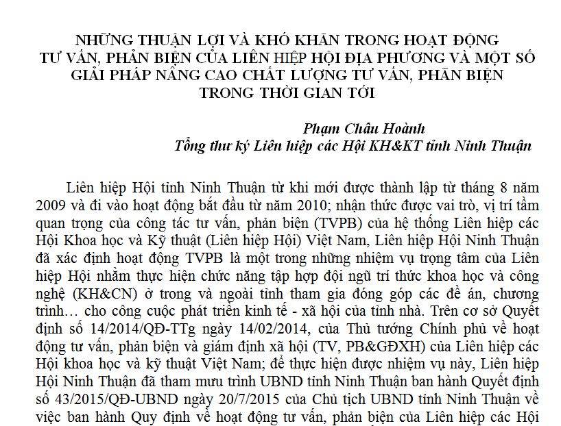 NHỮNG THUẬN LỢI VÀ KHÓ KHĂN TRONG HOẠT ĐỘNG TƯ VẤN, PHẢN BIỆN CỦA LIÊN HIỆP HỘI ĐỊA PHƯƠNG VÀ MỘT SỐ  GIẢI PHÁP NÂNG CAO CHẤT LƯỢNG TƯ VẤN, PHÃN BIỆN TRONG THỜI GIAN TỚI