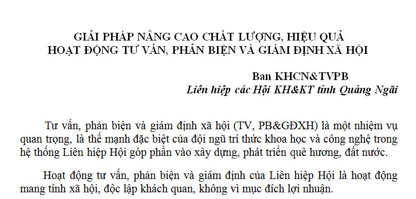 GIẢI PHÁP NÂNG CAO CHẤT LƯỢNG, HIỆU QUẢ HOẠT ĐỘNG TƯ VẤN, PHẢN BIỆN VÀ GIÁM ĐỊNH XÃ HỘI