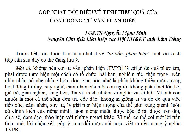 GÓP NHẶT ĐÔI ĐIỀU VỀ TÍNH HIỆU QUẢ CỦA HOẠT ĐỘNG TƯ VẤN PHẢN BIỆN