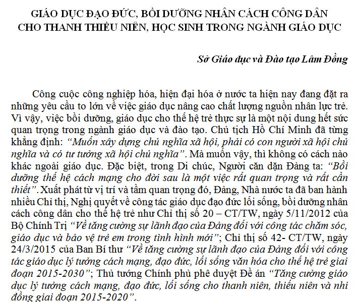 GIÁO DỤC ĐẠO ĐỨC, BỒI DƯỠNG NHÂN CÁCH CÔNG DÂN  CHO THANH THIẾU NIÊN, HỌC SINH TRONG NGÀNH GIÁO DỤC