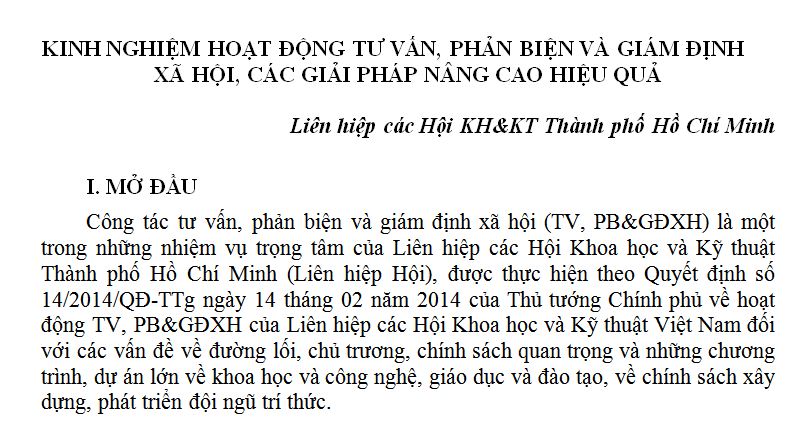 KINH NGHIỆM HOẠT ĐỘNG TƯ VẤN, PHẢN BIỆN VÀ GIÁM ĐỊNH  XÃ HỘI, CÁC GIẢI PHÁP NÂNG CAO HIỆU QUẢ